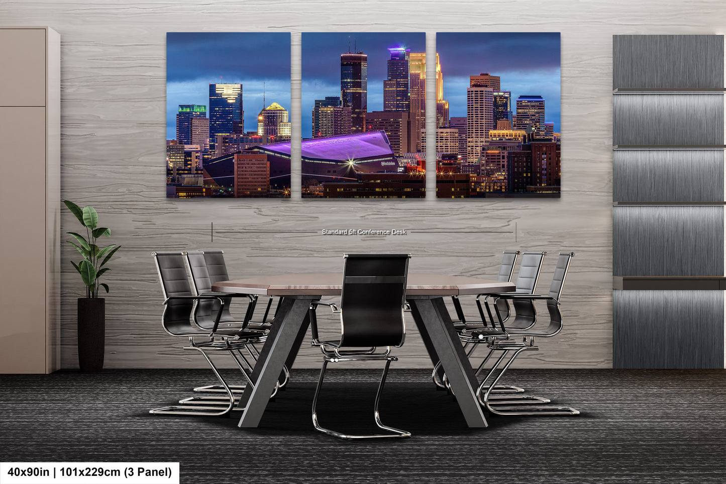 a dining room table with chairs in front of a cityscape