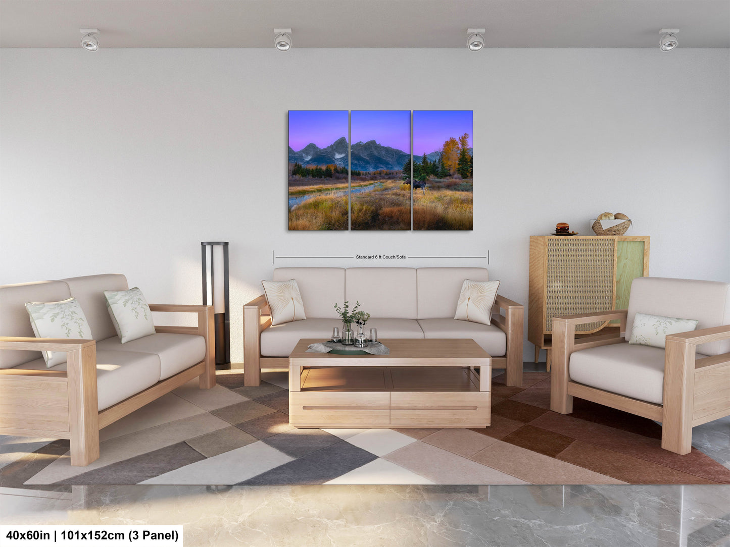 a living room filled with furniture and a painting on the wall