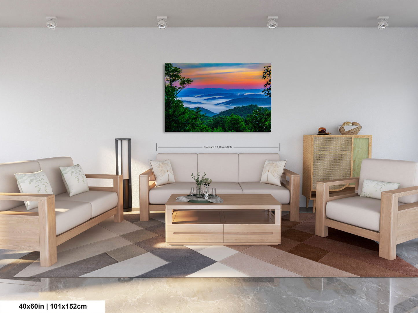 a living room filled with furniture and a painting on the wall