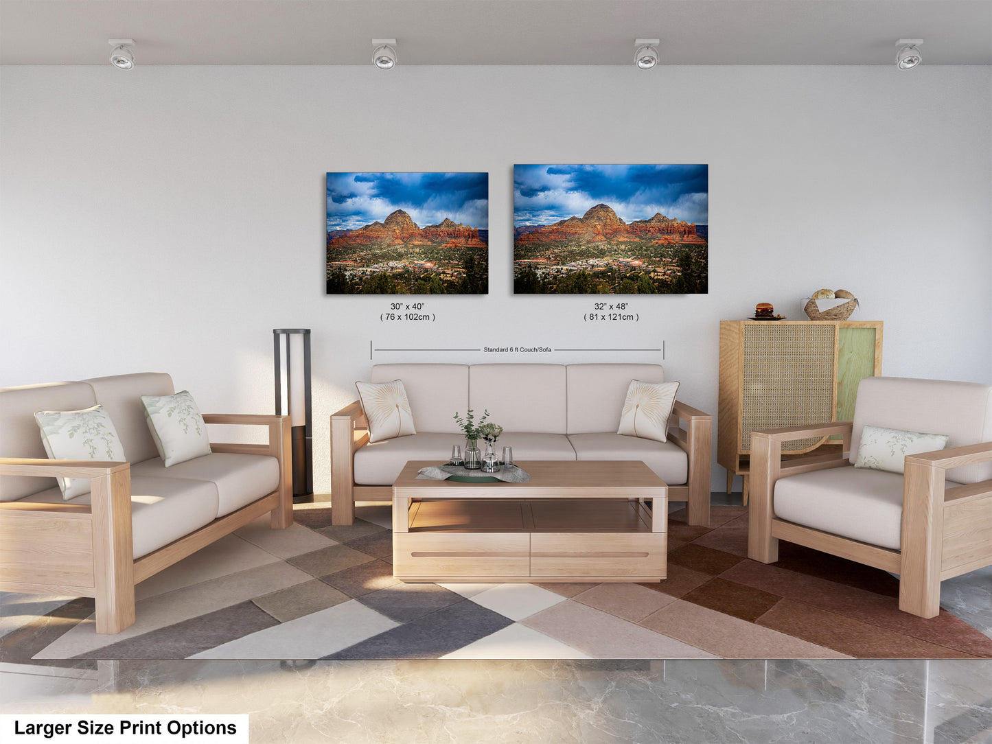 a living room with two pictures on the wall