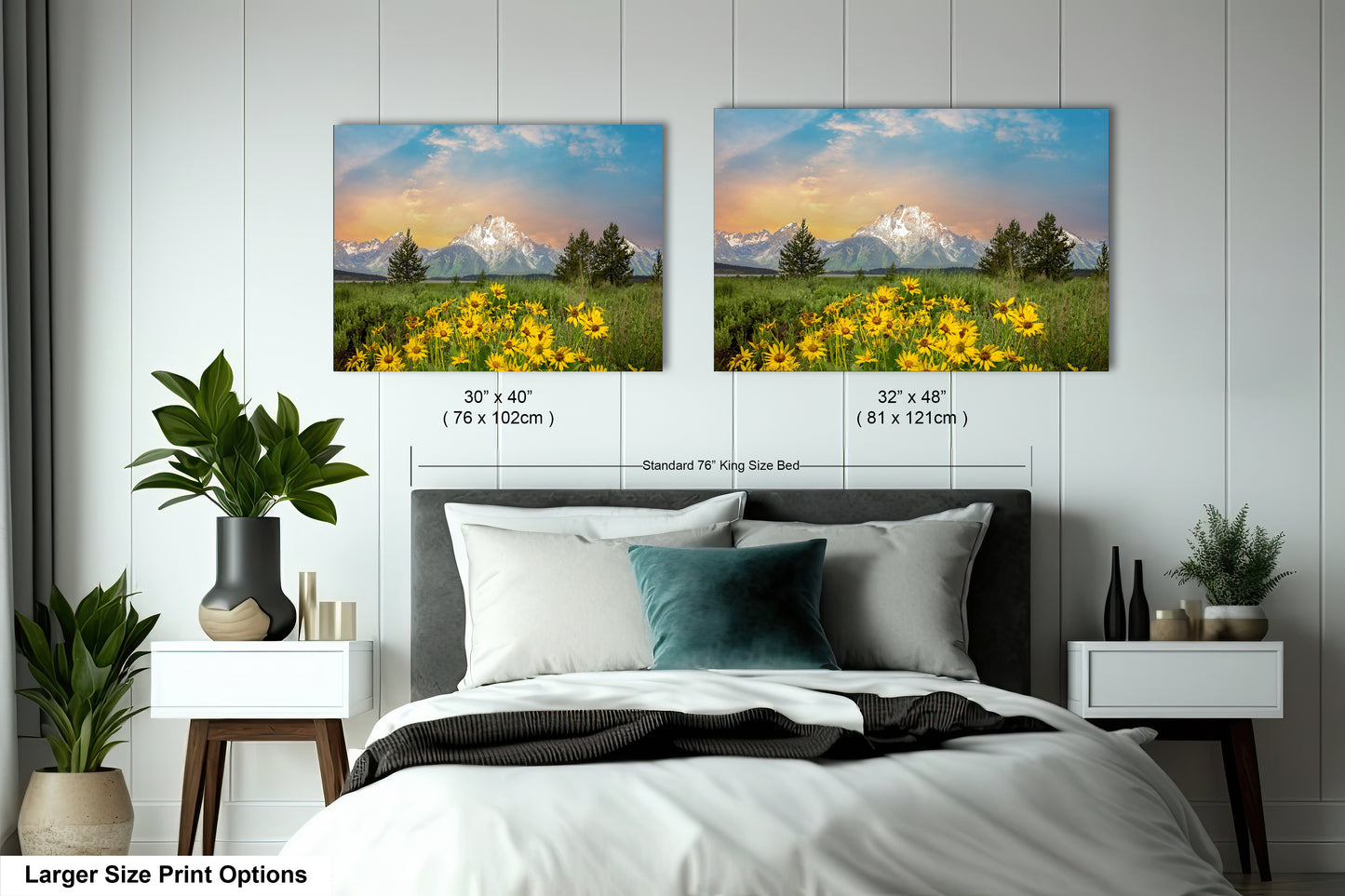 a bedroom with a bed and two pictures on the wall