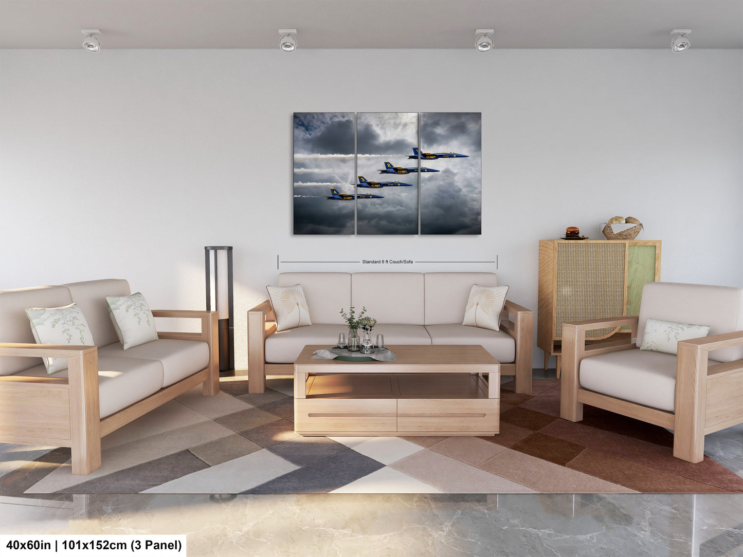 a living room filled with furniture and a painting on the wall