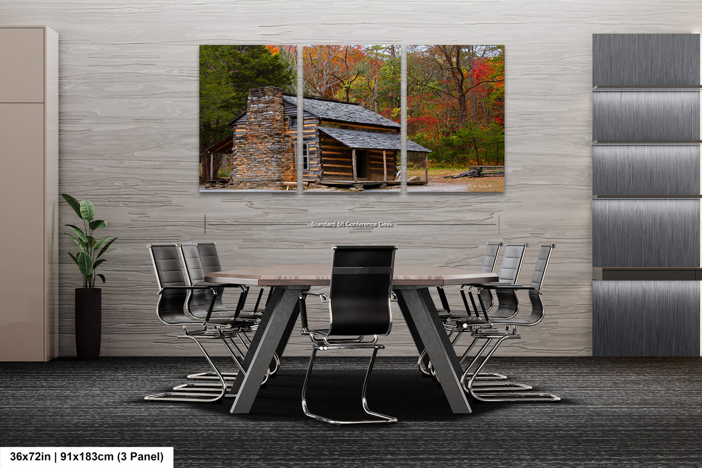 a dining room table with chairs and a log cabin in the background