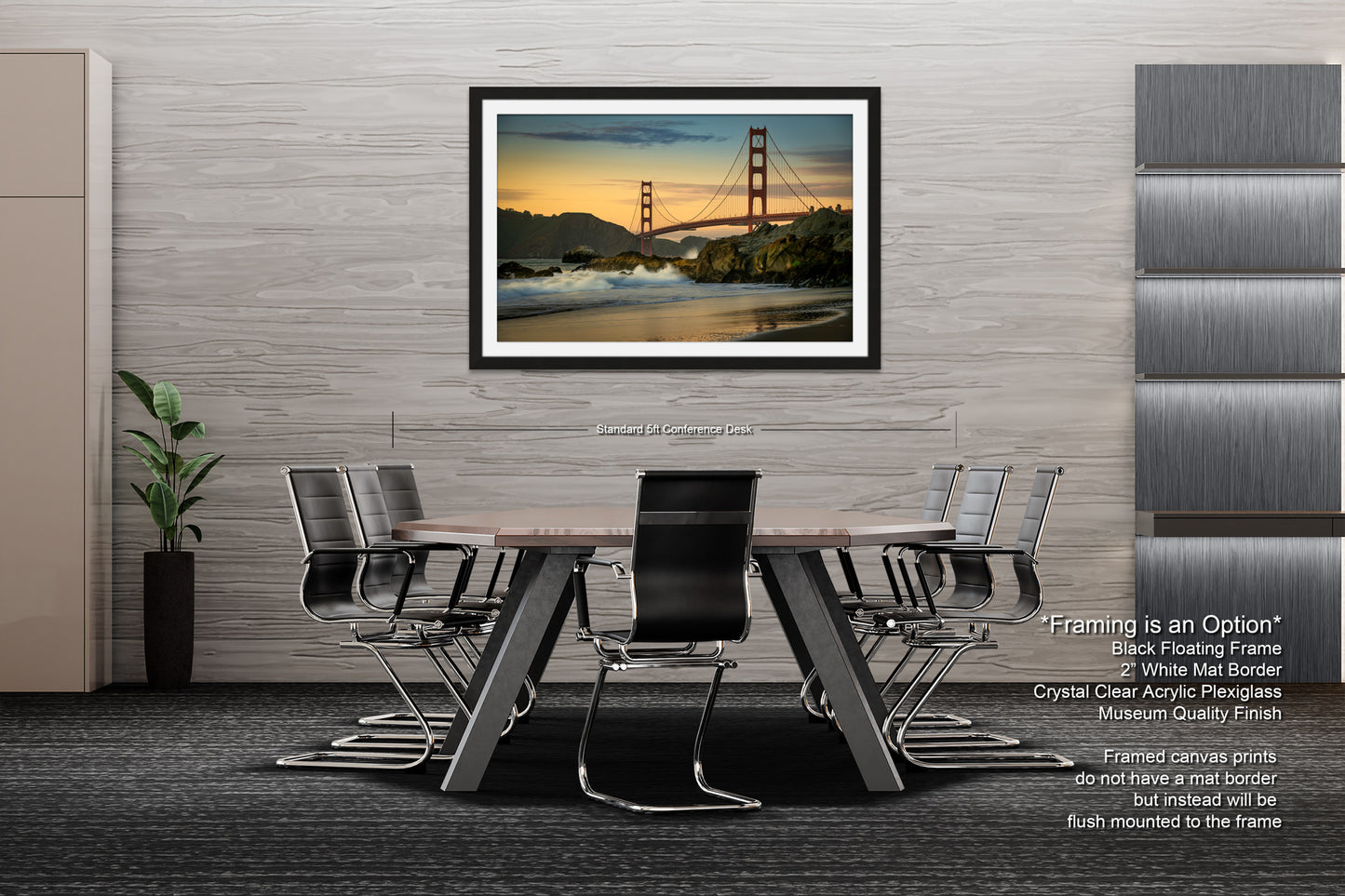 a picture of a dining room table with a view of the golden gate bridge