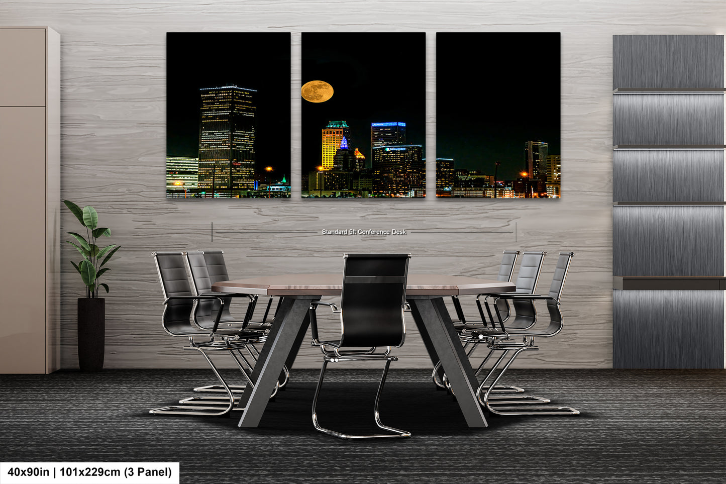 a dining room table with a view of a city at night