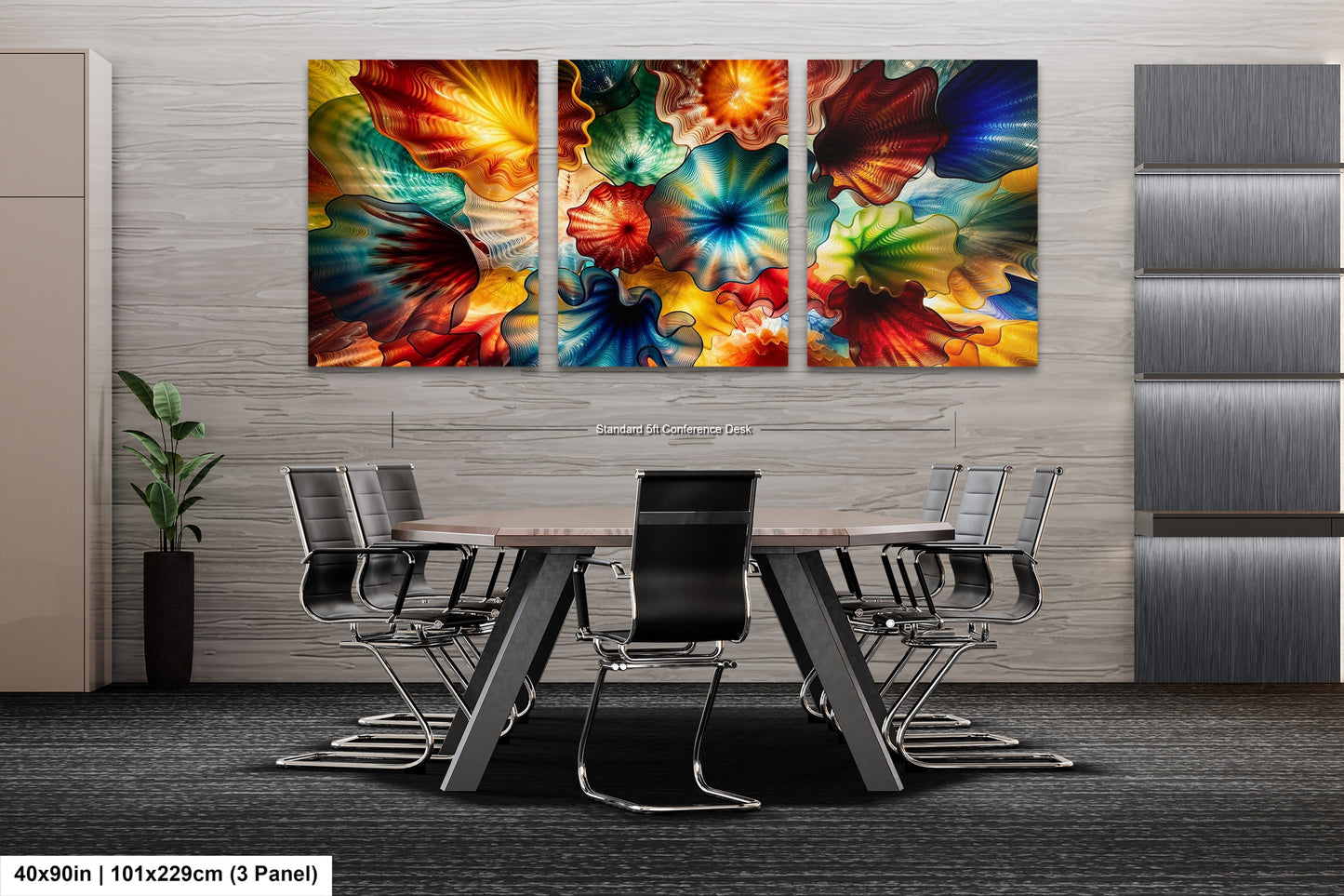 a modern office space with a large, colorful abstract painting hanging on the wall above a wooden table surrounded by chairs.