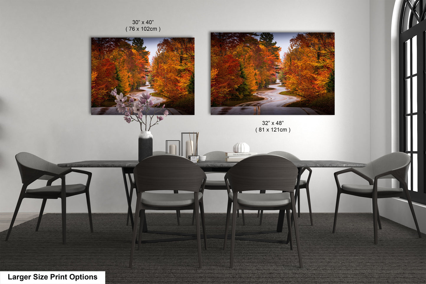 a dining room with a table and chairs