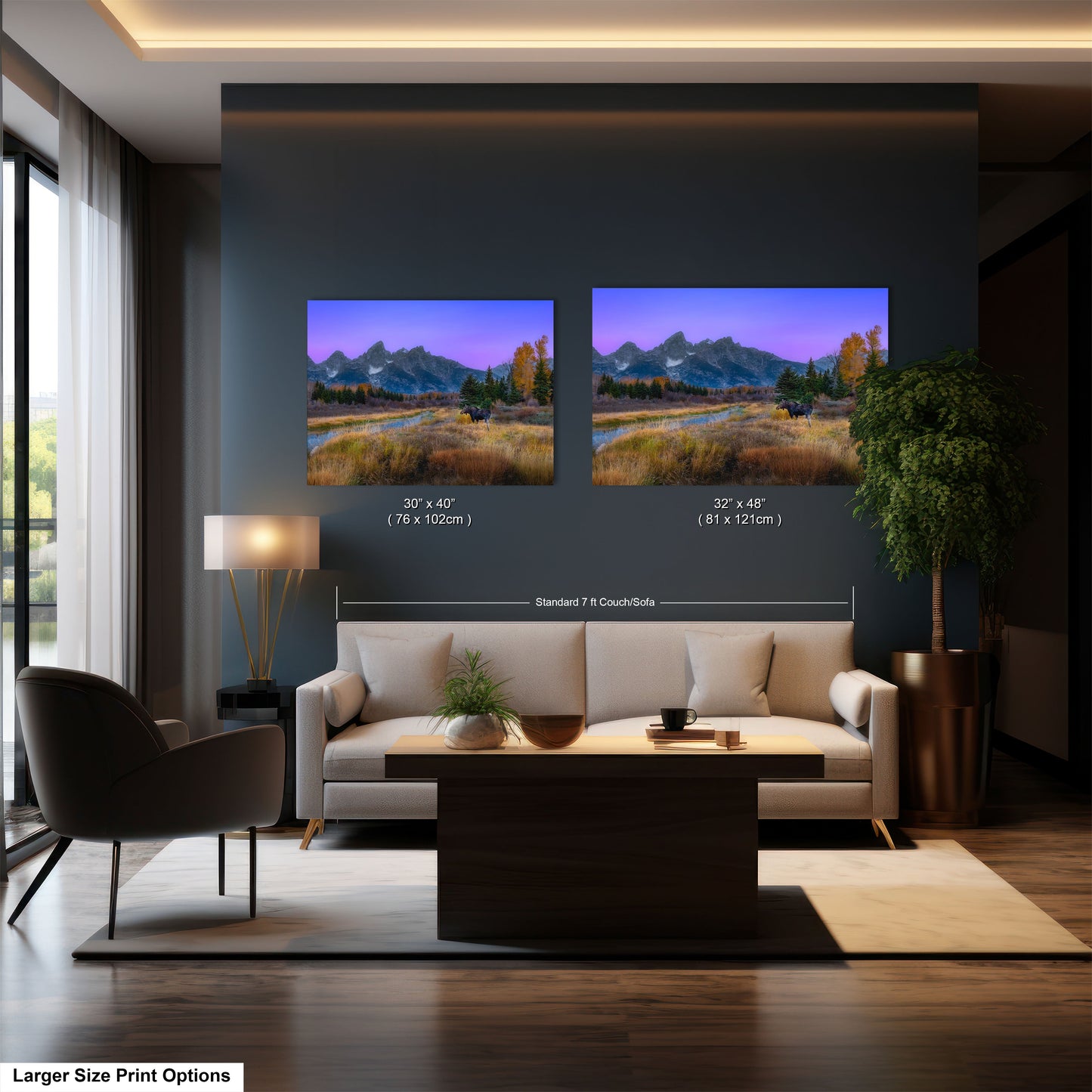a living room filled with furniture and a painting on the wall