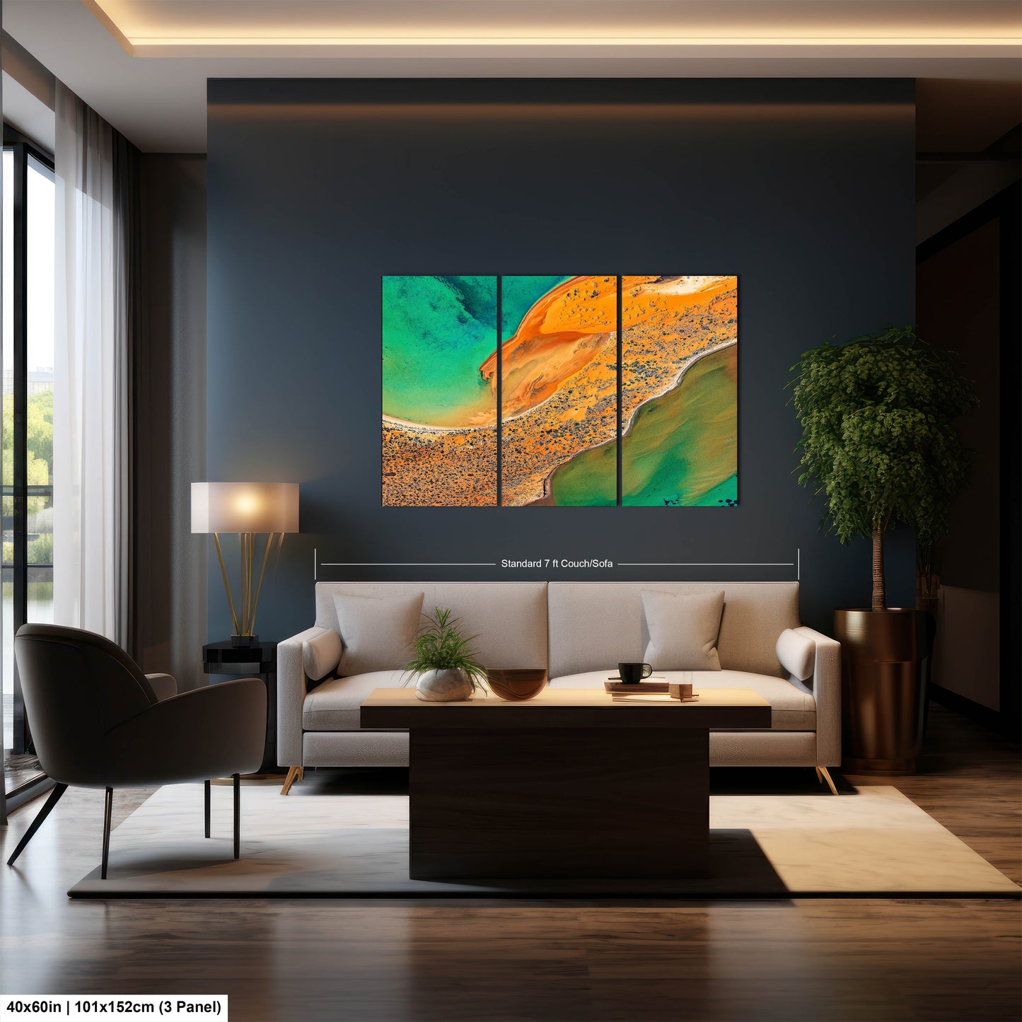 a living room filled with furniture and a painting on the wall