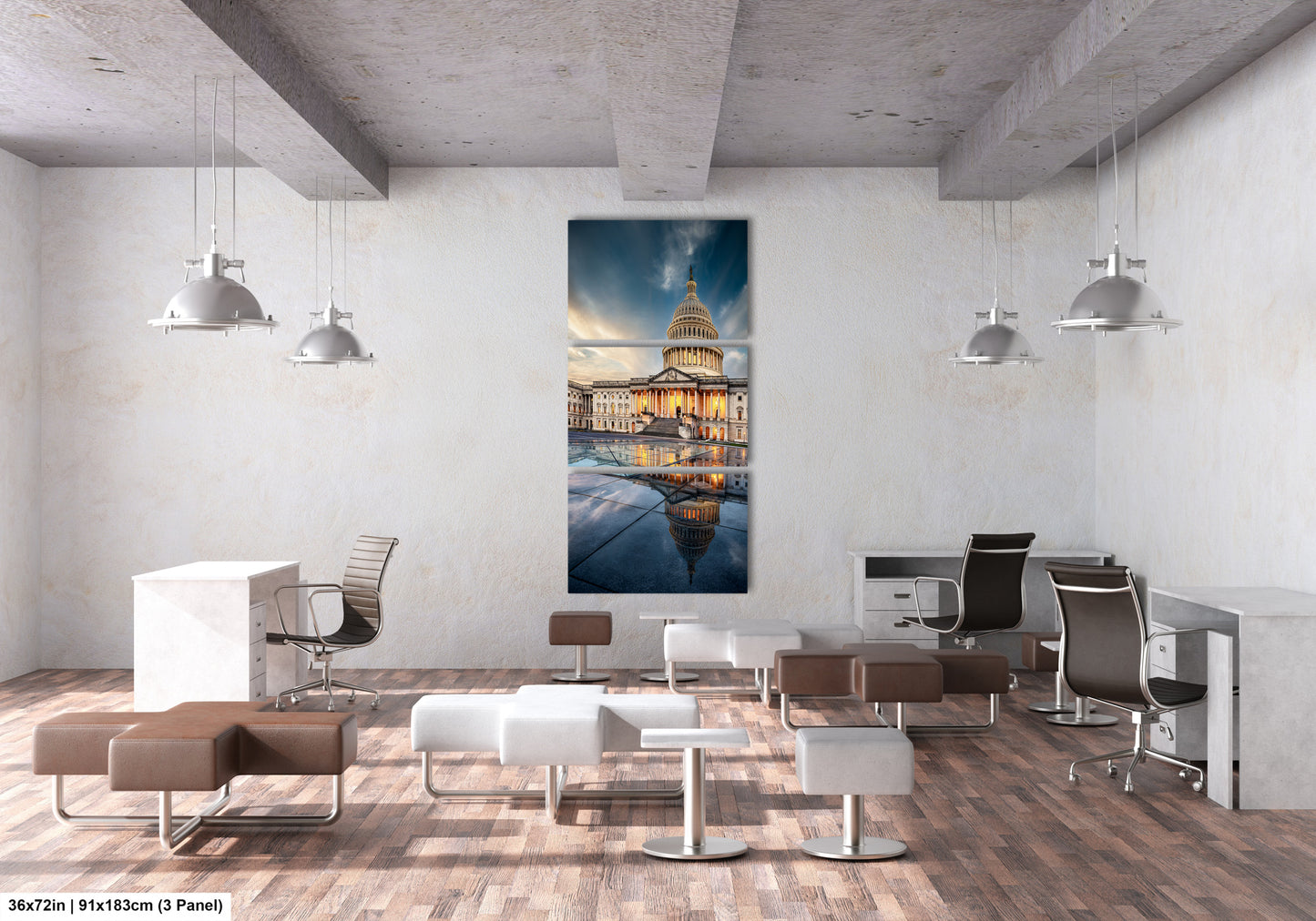 a room with chairs, a desk and a painting on the wall