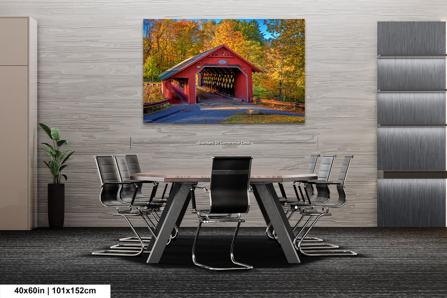 a painting of a covered bridge in autumn