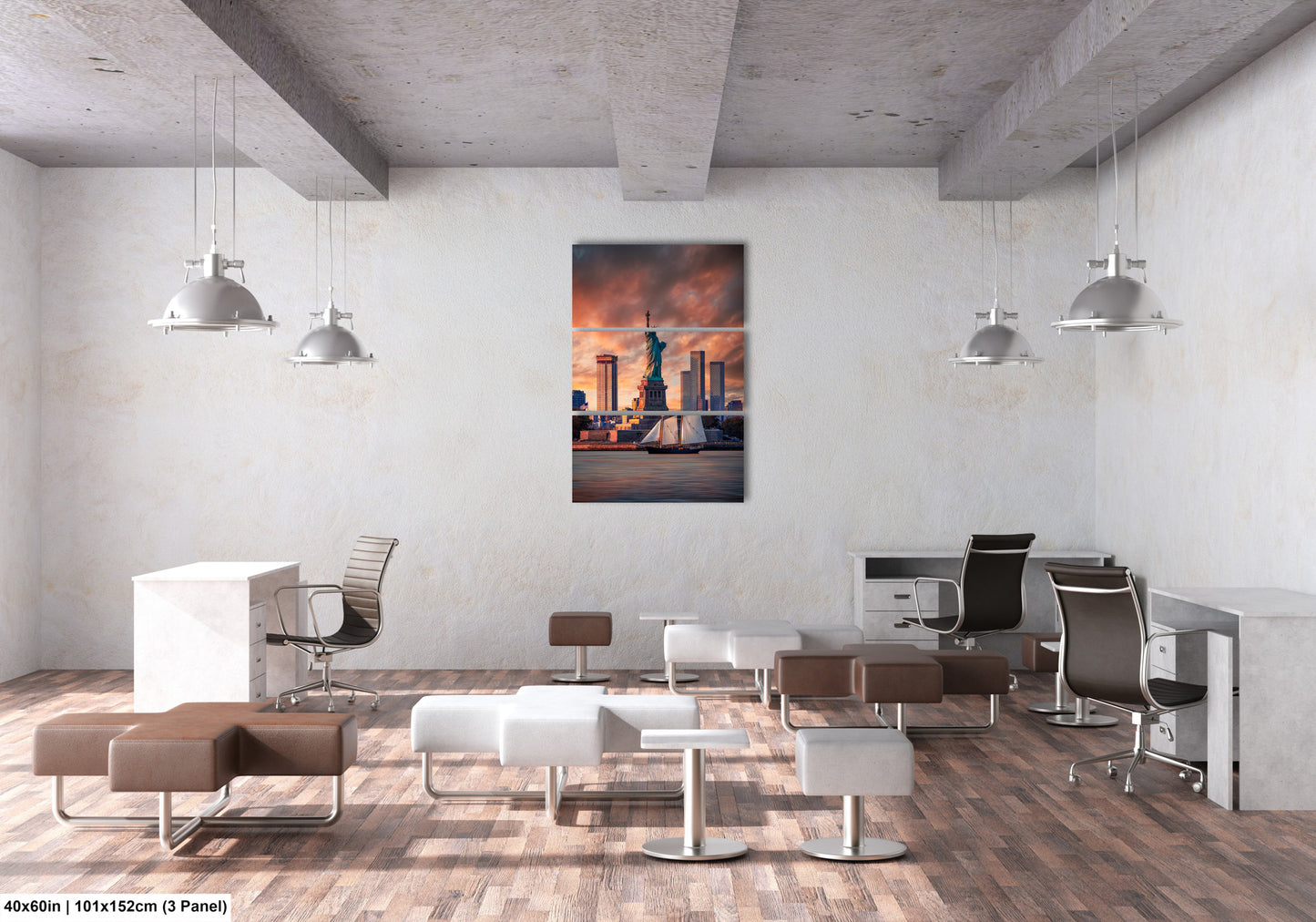 a room with a lot of chairs and a painting on the wall