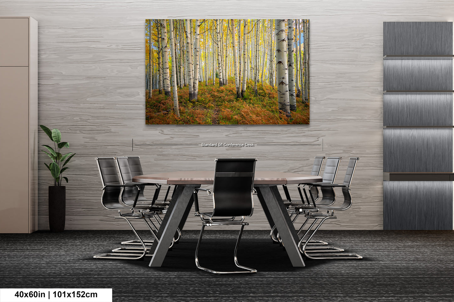 a dining room table with chairs and a painting on the wall