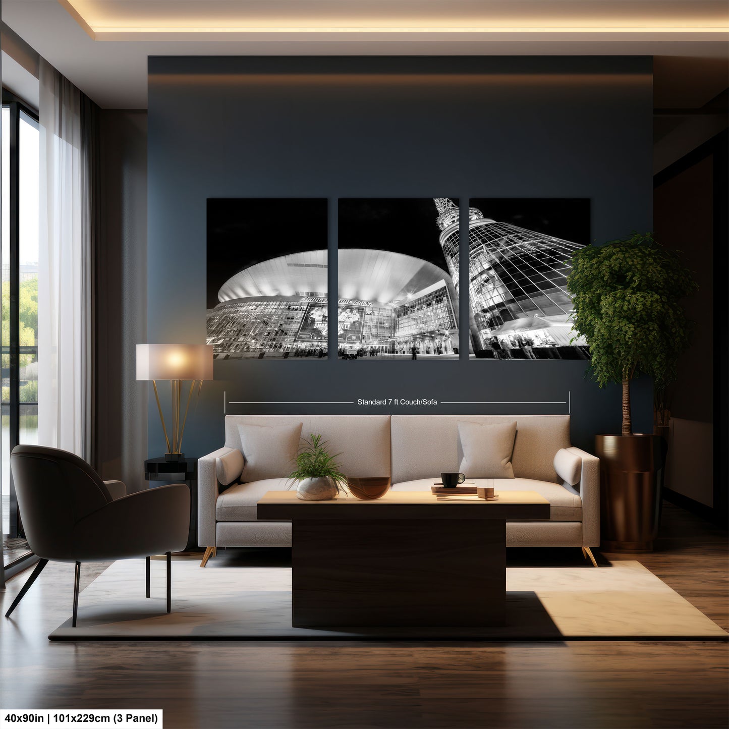 a living room filled with furniture and a large window