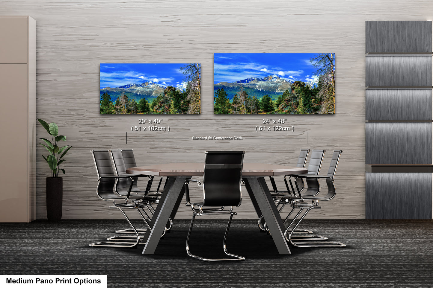 a dining room table with chairs and two pictures on the wall