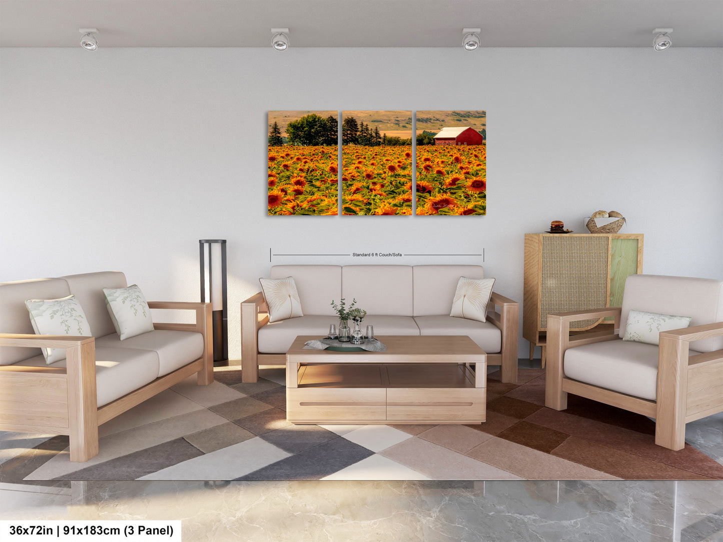 a living room filled with furniture and a painting on the wall
