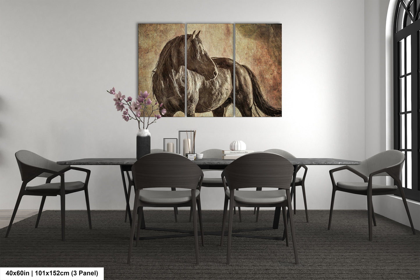 a painting of a horse on a wall in a dining room