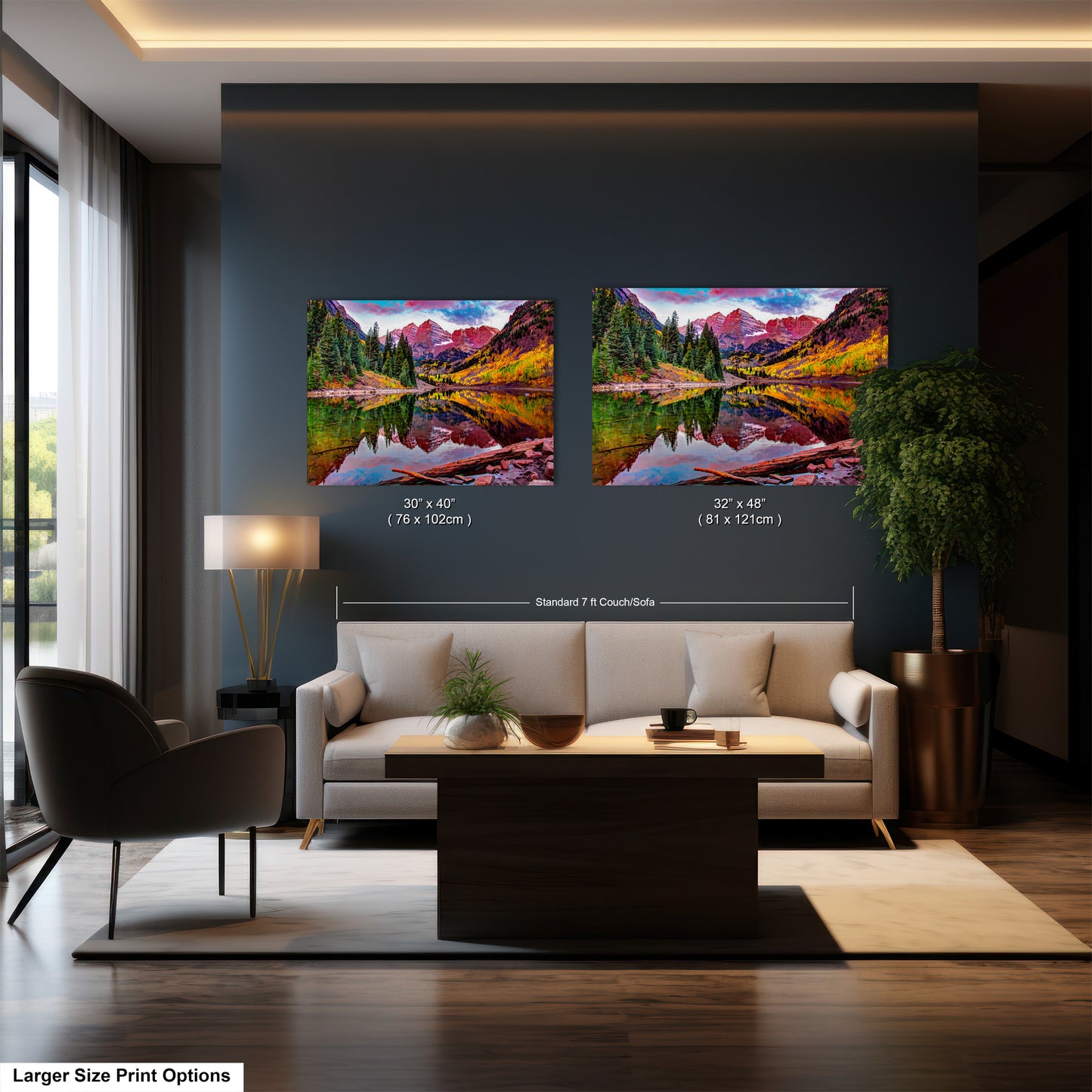 a living room filled with furniture and a painting on the wall