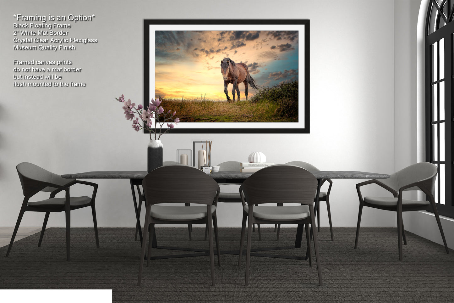 a picture of a horse in a room with a table and chairs
