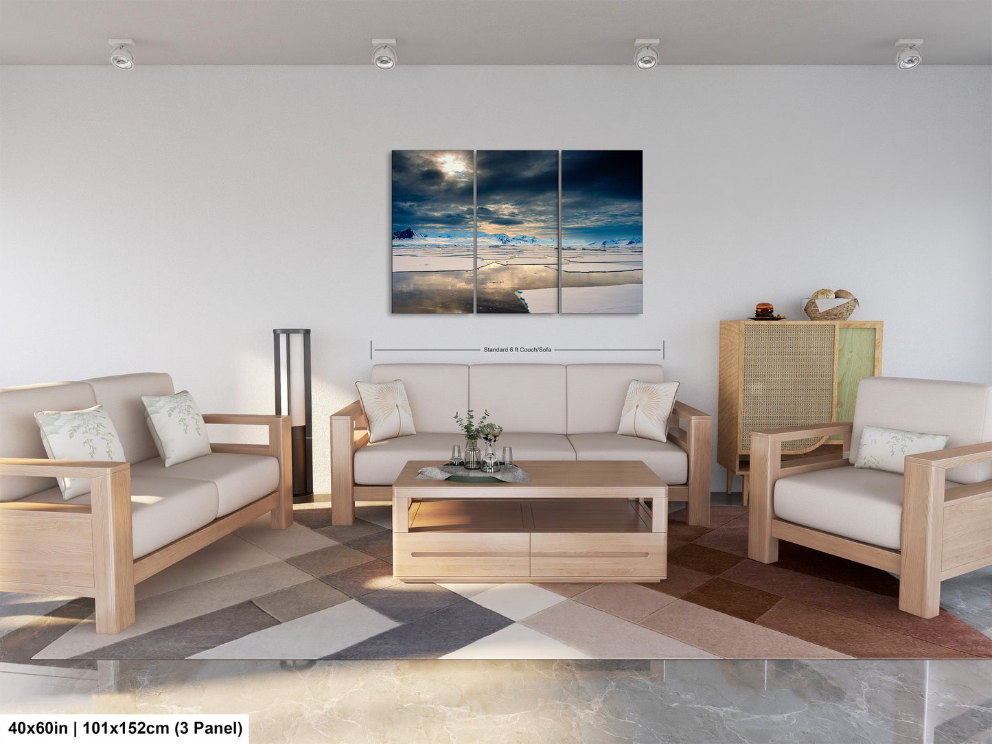 a living room filled with furniture and a painting on the wall