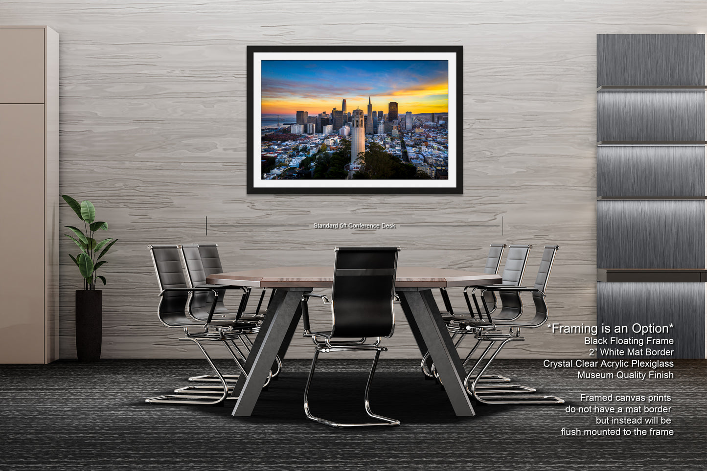 a dining room table with a view of a city