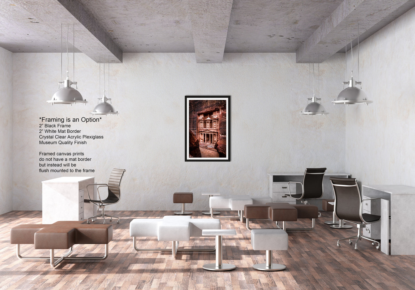 a room with a lot of chairs and a picture on the wall