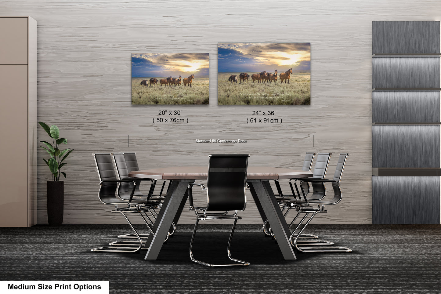 a dining room table with chairs and two pictures on the wall