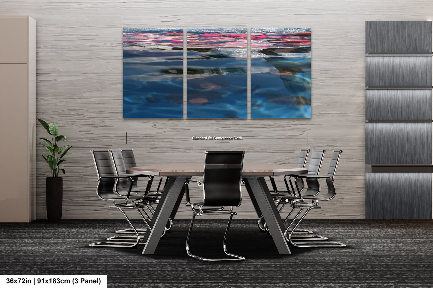 a dining room table with chairs and a painting on the wall