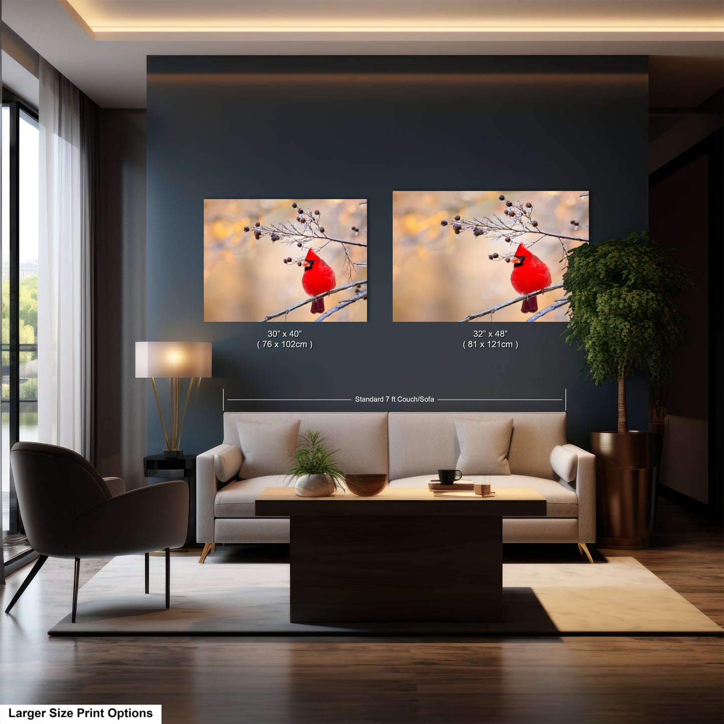 a living room with a couch and two paintings on the wall