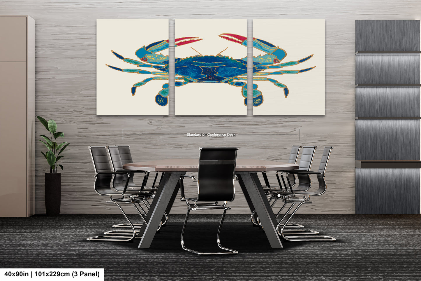 a dining room table with chairs and a painting of a blue crab