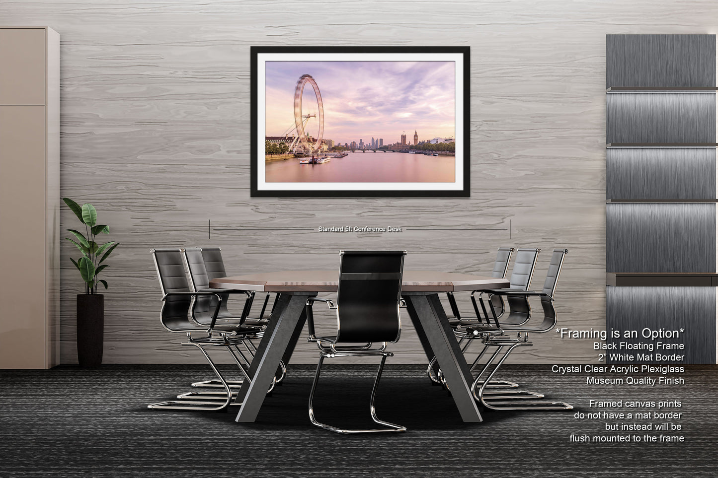 a dining room table with chairs and a picture of a ferris wheel