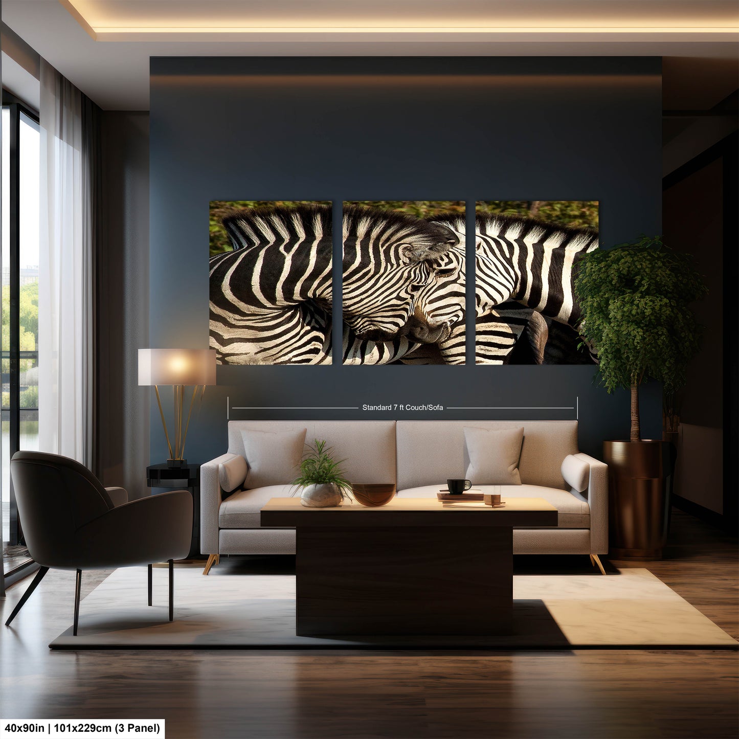 a living room filled with furniture and a zebra painting on the wall
