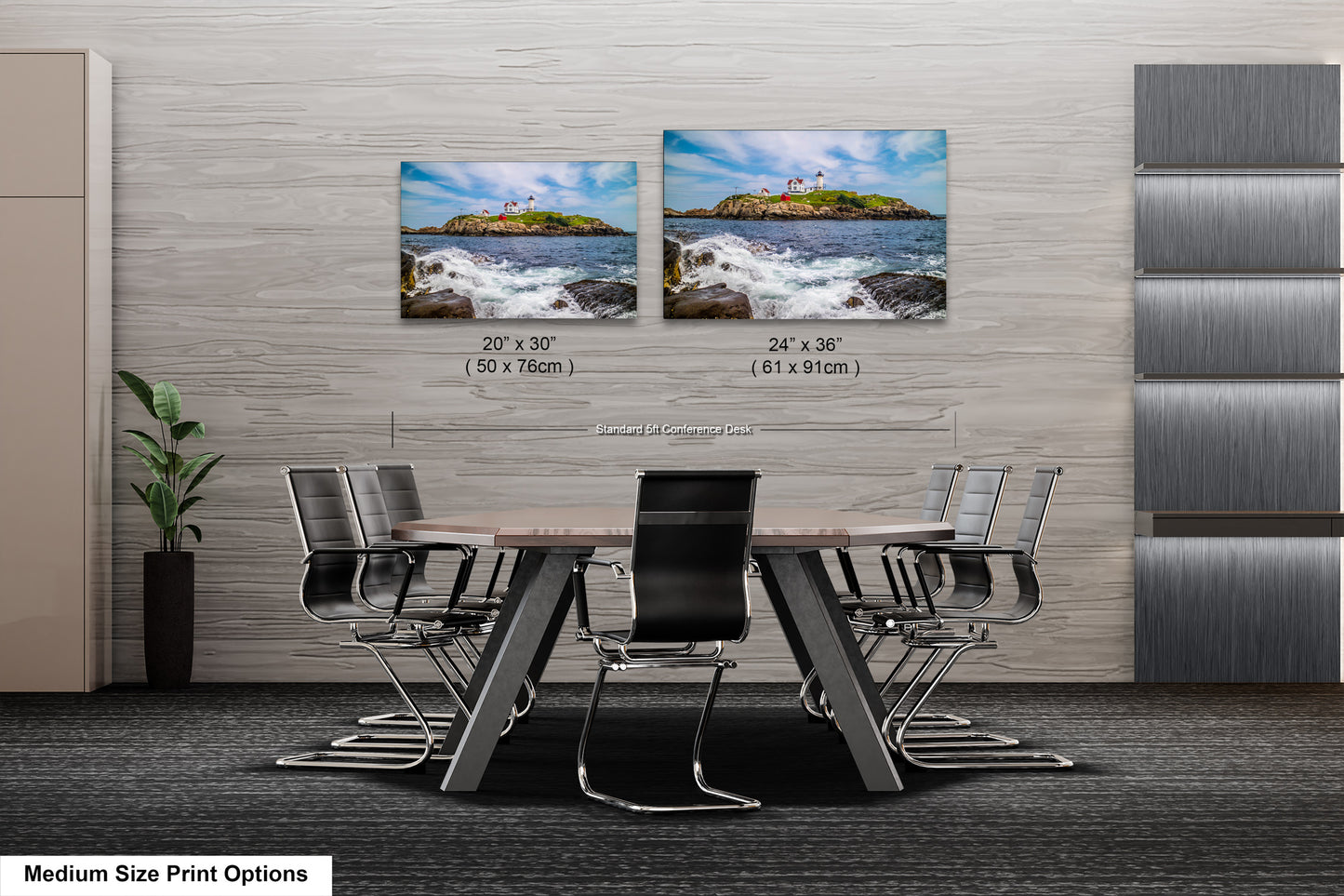 a dining room table with chairs and two pictures on the wall