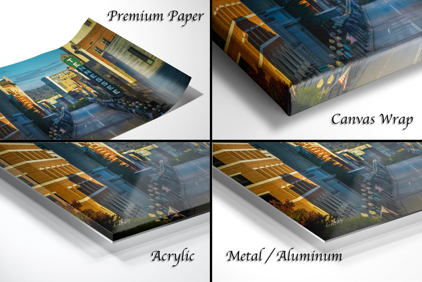 a series of four photos of a city at night