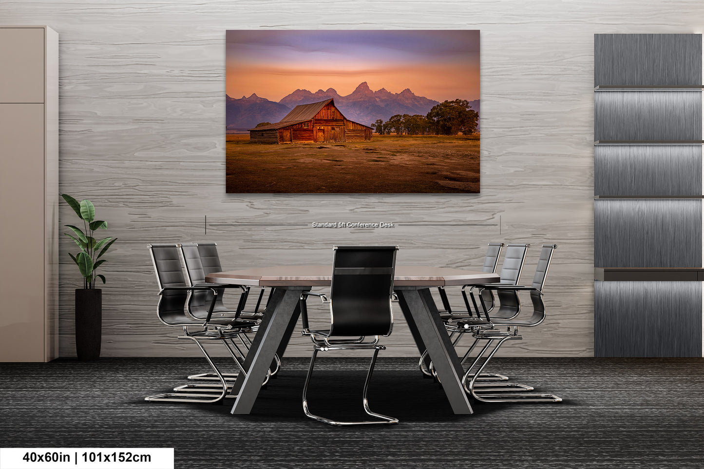 a dining room table with chairs and a painting on the wall