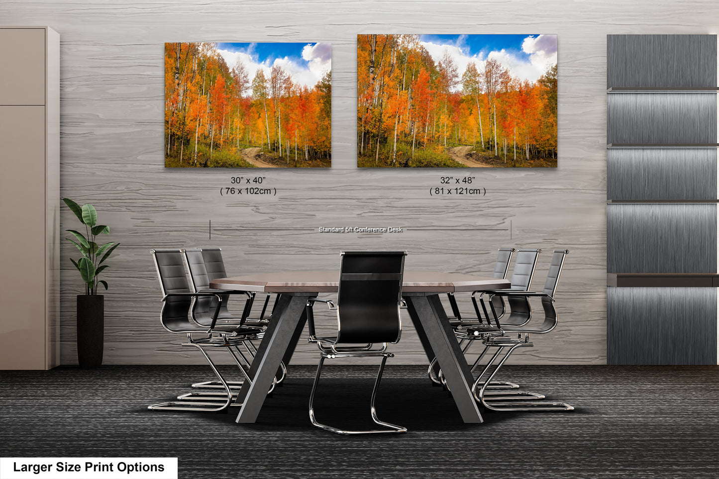 a dining room table with chairs and two pictures on the wall