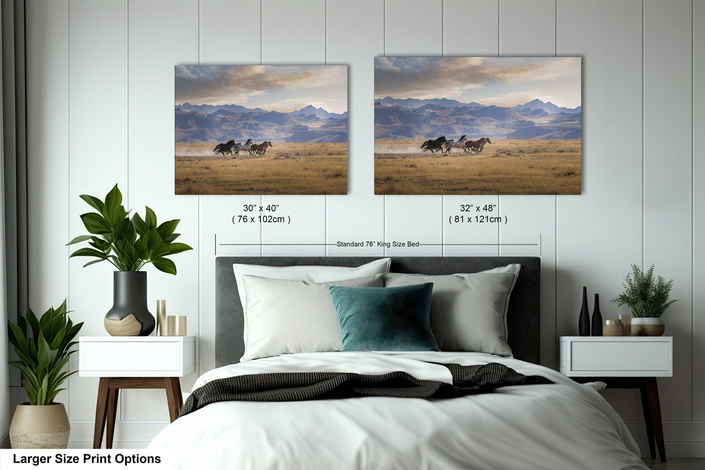 a bedroom with two pictures of horses on the wall
