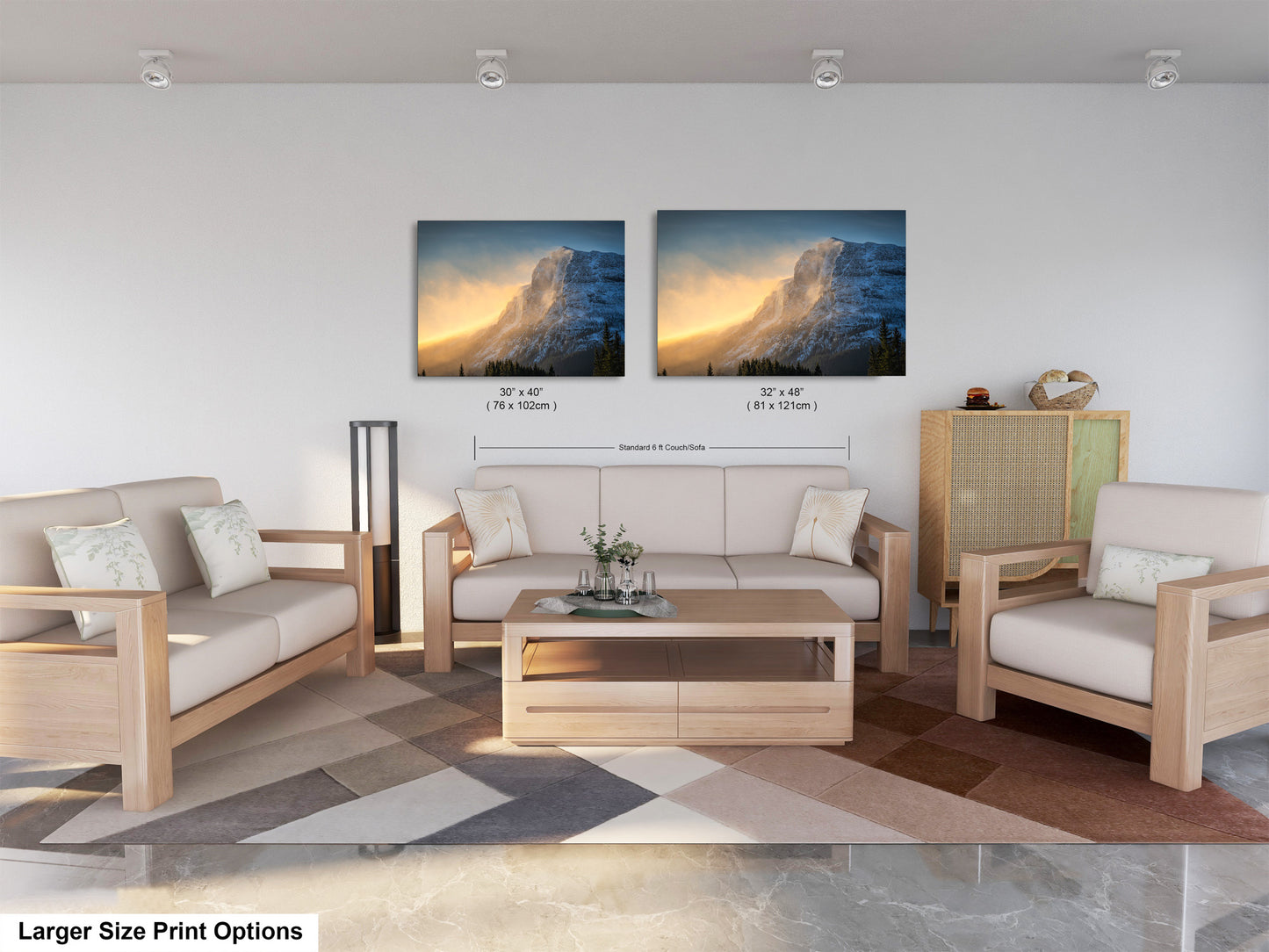 a living room filled with furniture and a painting on the wall