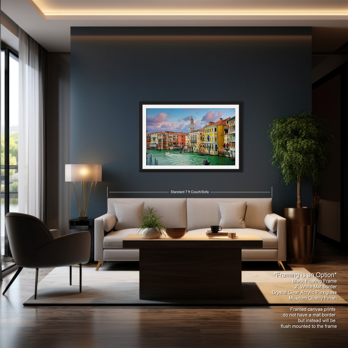 a living room with a couch a chair and a painting on the wall