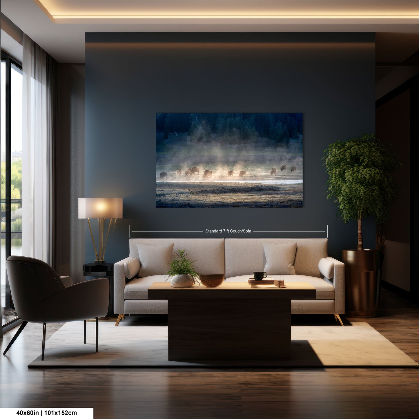 a living room filled with furniture and a painting on the wall