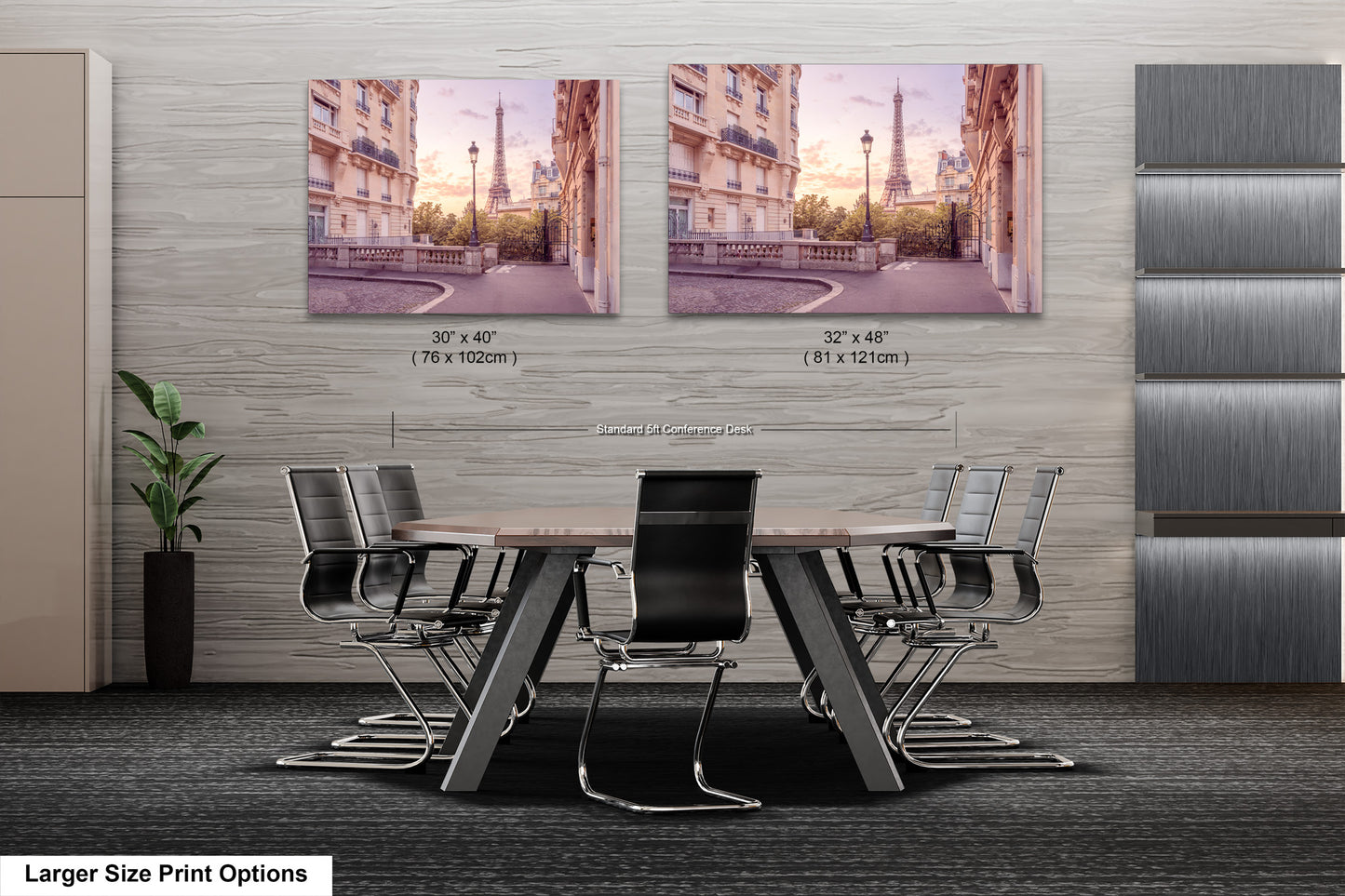 a dining room table with chairs and two pictures on the wall