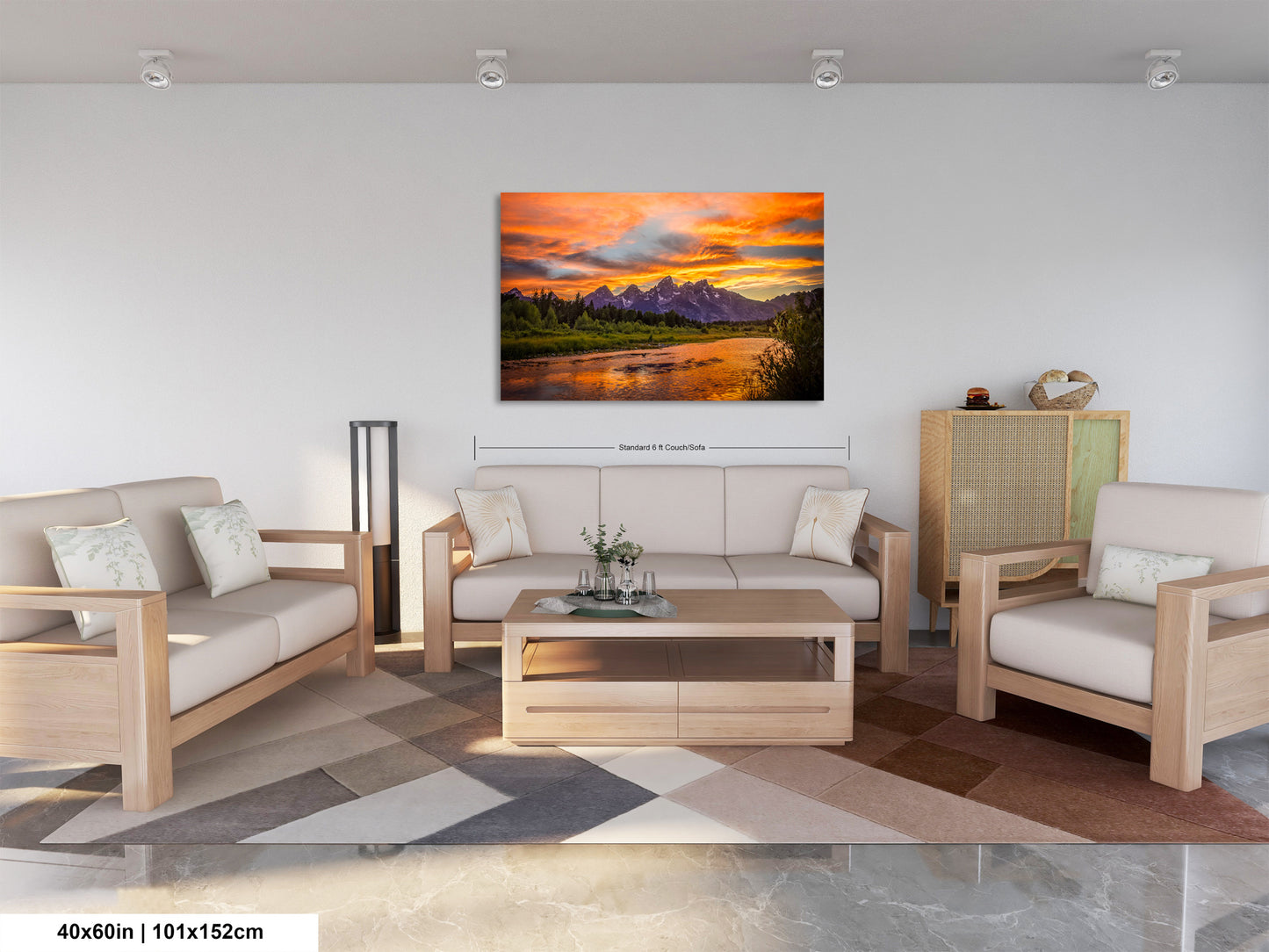 a living room filled with furniture and a painting on the wall