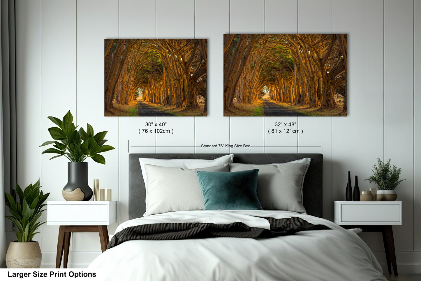 a bedroom with a bed and two pictures on the wall