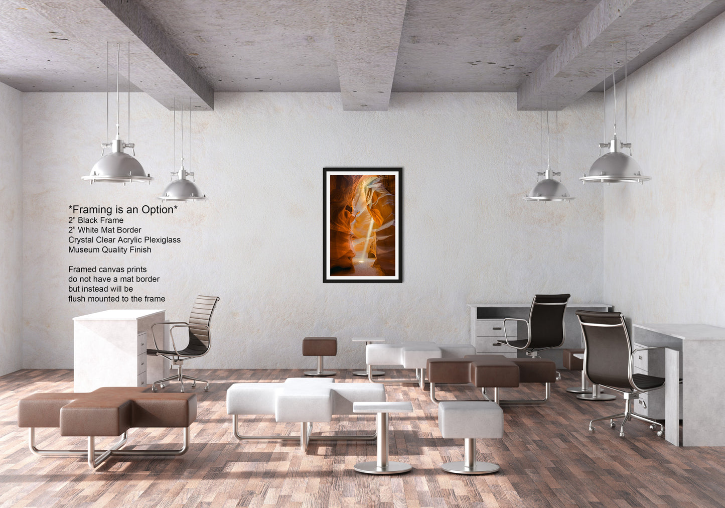 a room with a lot of chairs and a picture on the wall