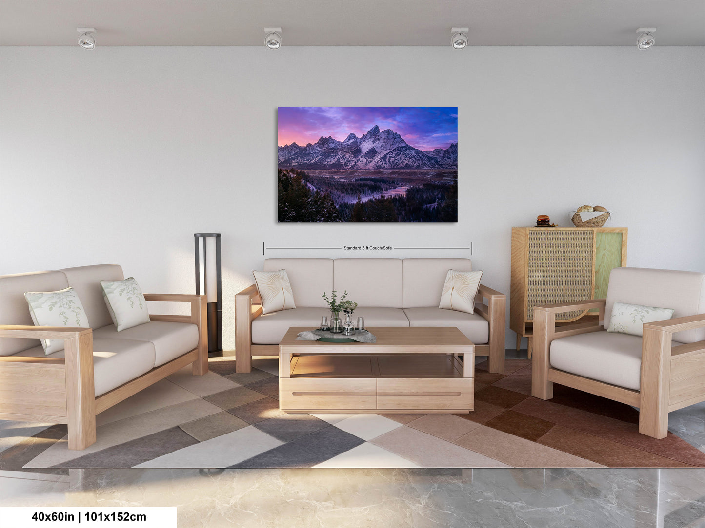 a living room filled with furniture and a painting on the wall