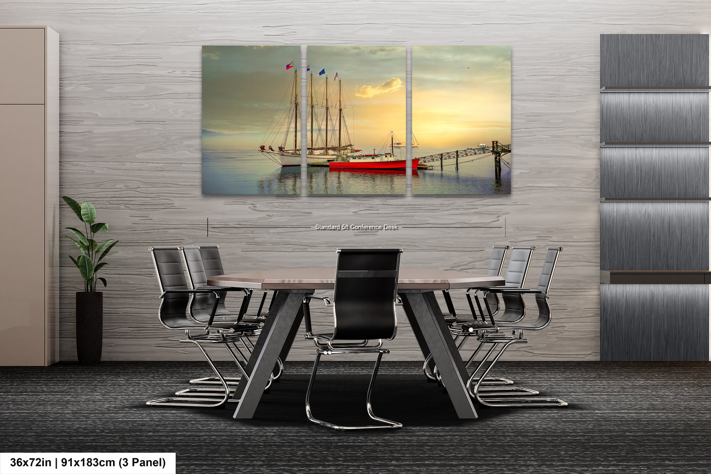 a dining room table with chairs and a painting on the wall