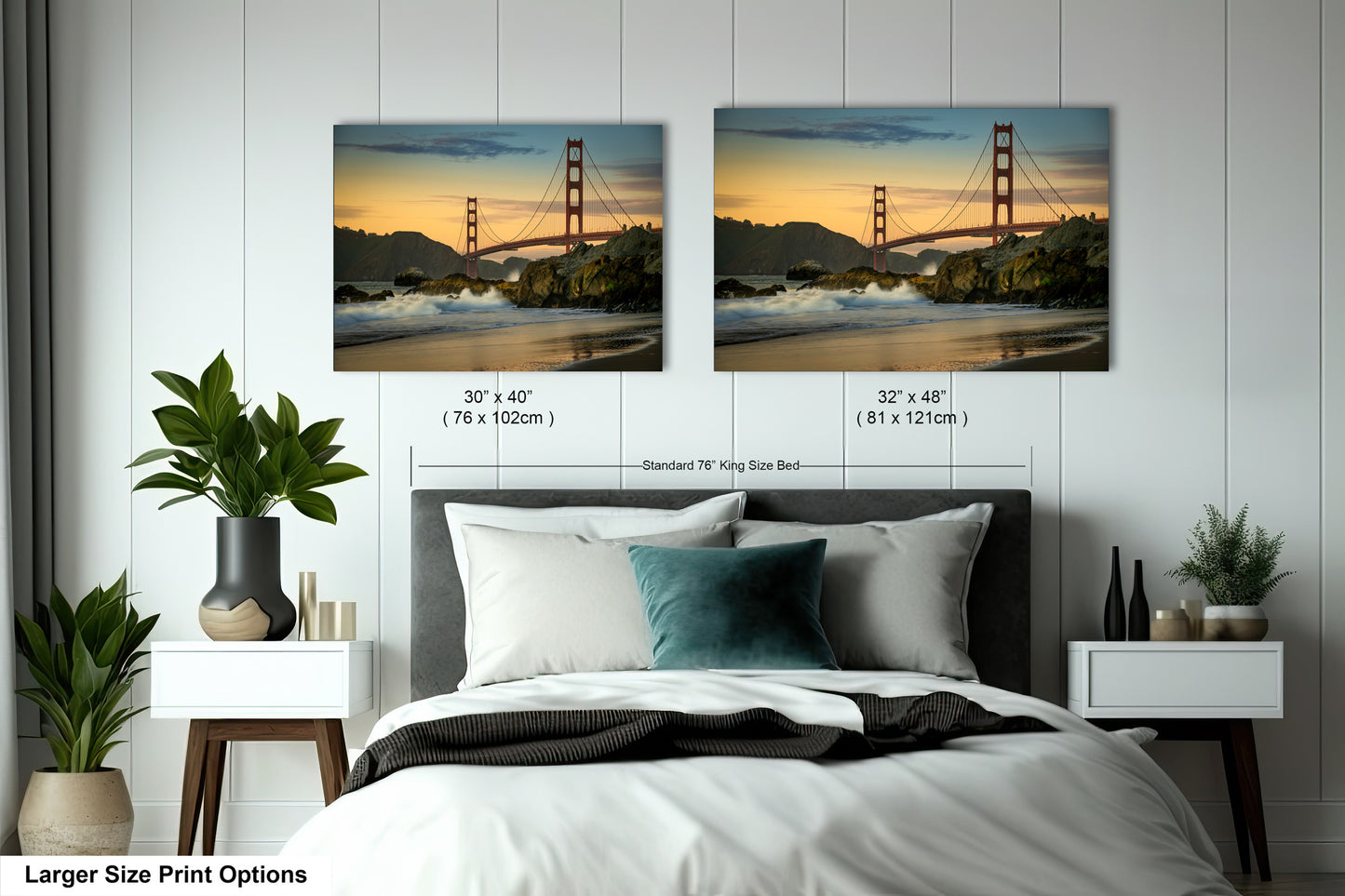 a bed with two pictures of the golden gate bridge