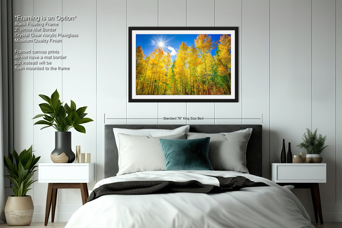 a bedroom with a bed and a picture on the wall