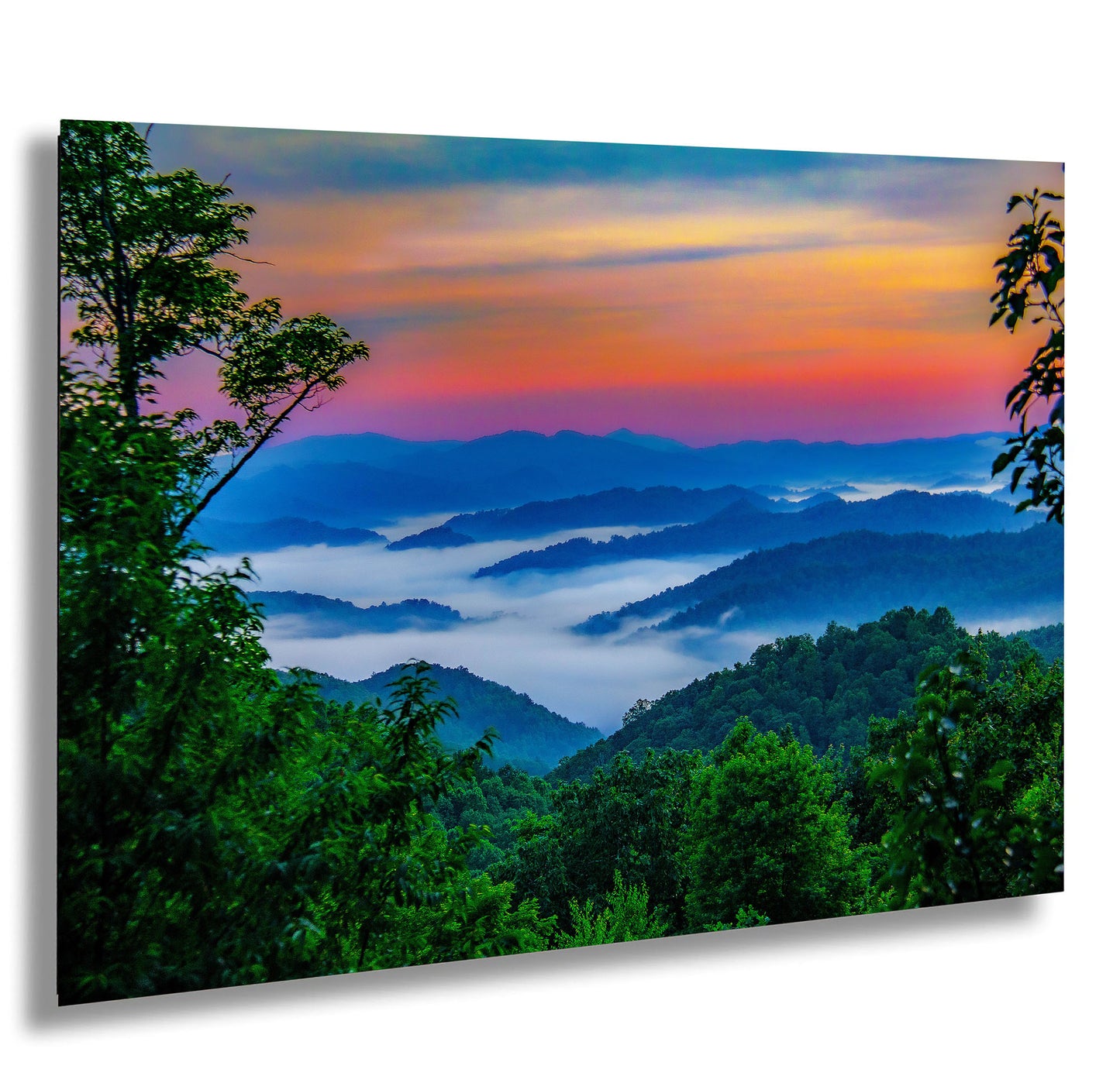 a painting of a sunset over the mountains