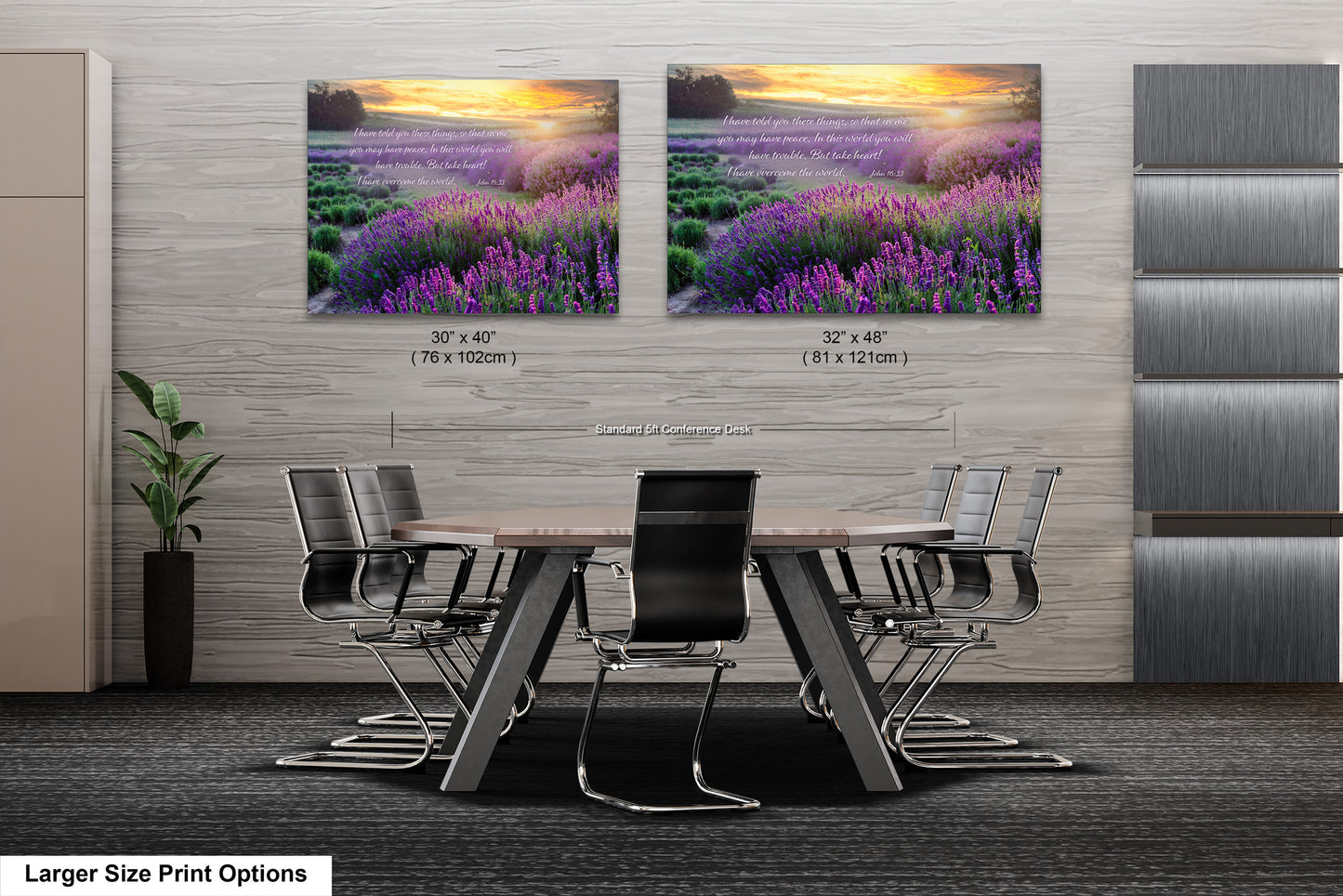 a dining room table with chairs and two pictures on the wall